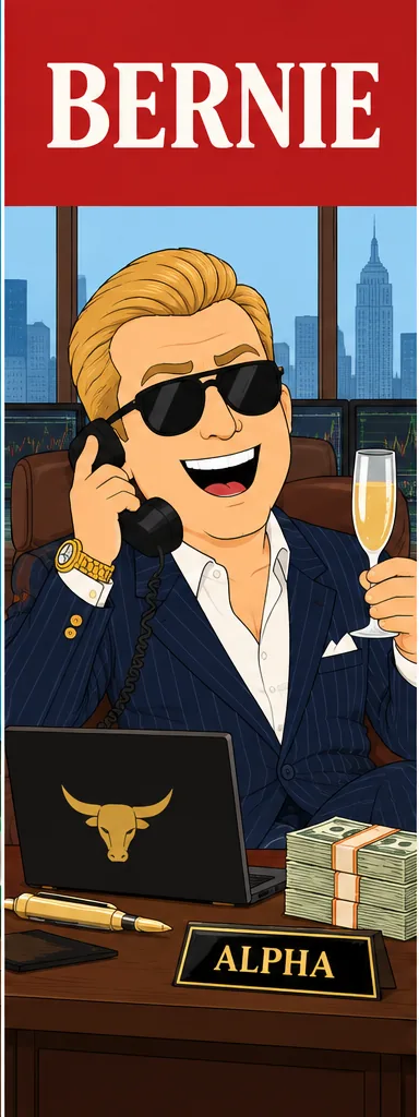 Bernie on a red background, grey hair and beard, black suit and red tie, holding a wad of cash