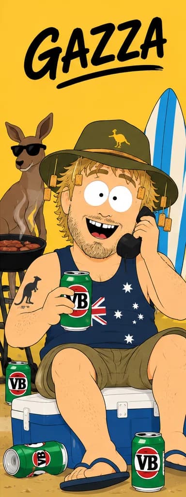 Gazza on a yellow background, mullet and moustache, yellow singlet, holding a beer can